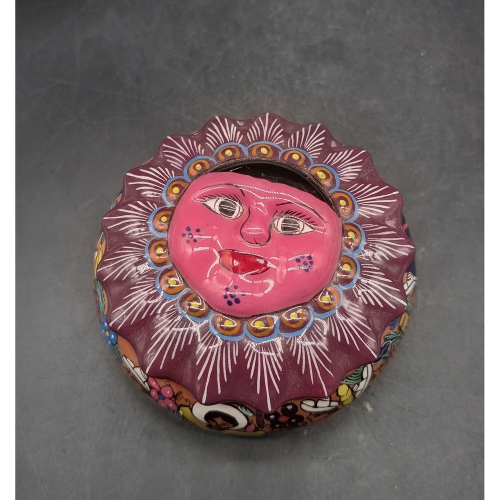 Isidoro Mexican Folk Art Pottery Sun Face Trinket Box Hand Painted Signed Mexico